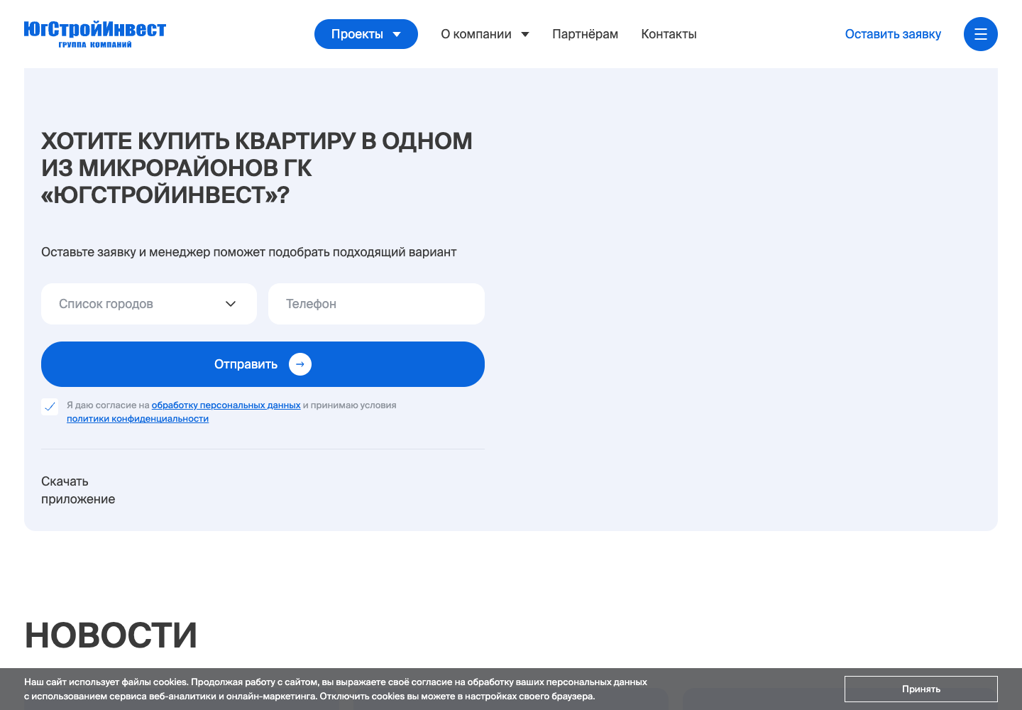 ЮгСтройИнвест: форма и предвыбранный элемент